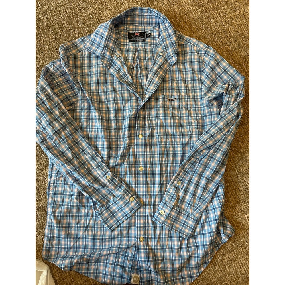 Vineyard Vines Performance Classic Fit Tucker Shirt Blue Pink Plaid Mens Medium